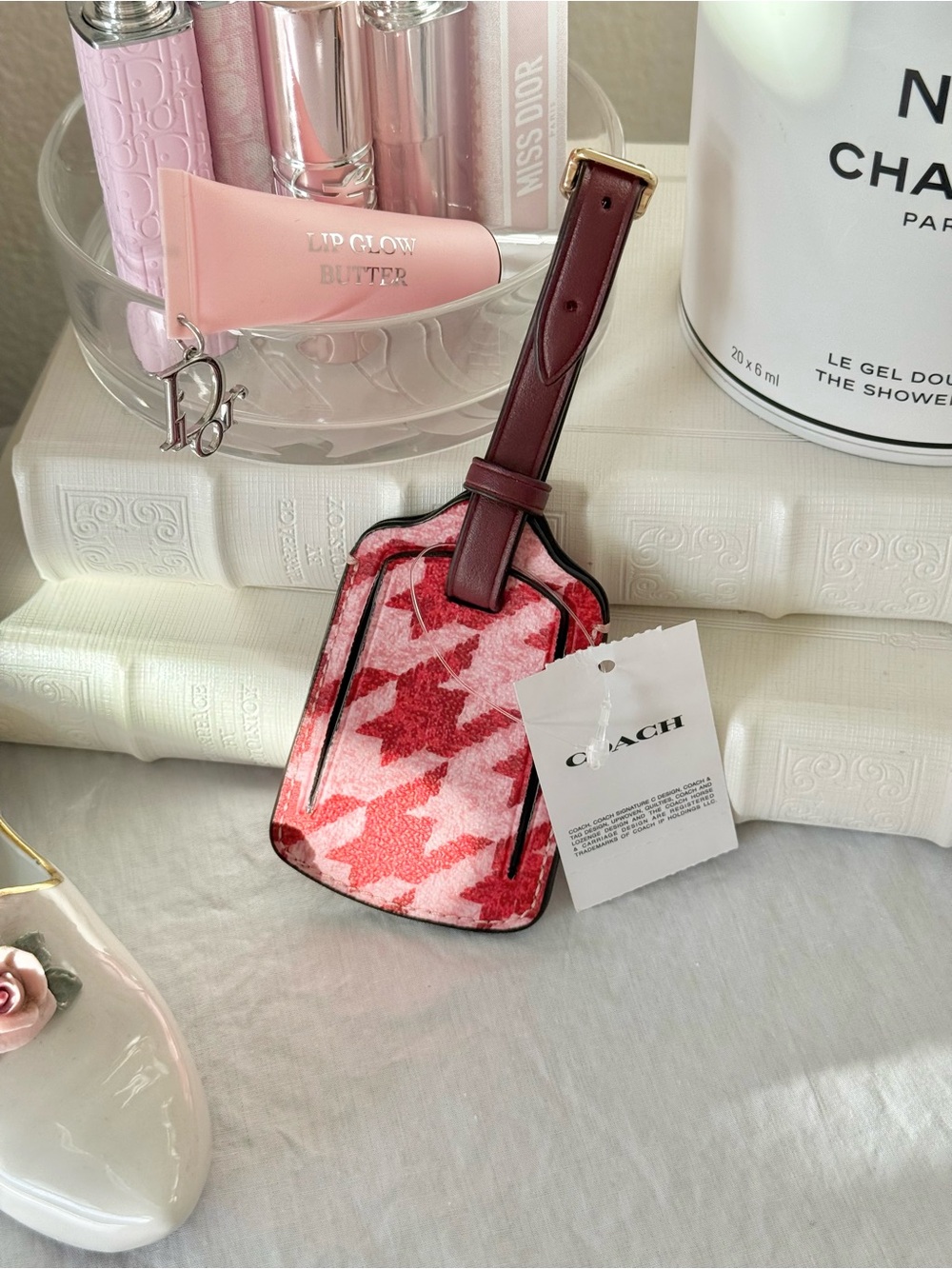 Coach Red and Burgundy Patent Leather Luggage Tag